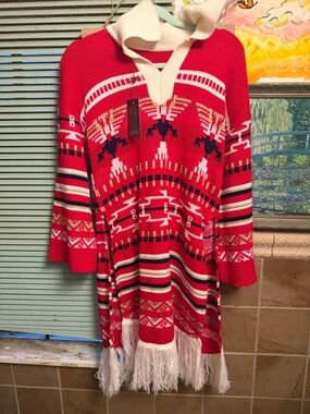 Vintage Red Patterned Fringe Sweater Dress